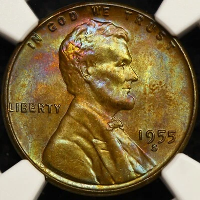 Rainbow Toned 1955 S NGC MS65 BN Lincoln Wheat Cent 1c Great Color PQ Brown - Image 1 of 4
