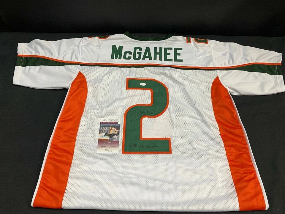 CAMISETA COSIDA FIRMADA POR WILLIS MCGAHEE DE LOS HURACANES DE MIAMI CERTIFICADO DE AUTENTICIDAD JSA + INSC. Foto 1 de 3