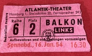 Eintrittskarte Hamburg Atlantik-Theater Steindamm 16.1.1954 Kino - Bild 1 von 2