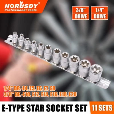 11 pc Torx Star Bit External Female E Socket Set Automotive Shop Tools with Rail - Image 1 of 4