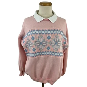 Vintage 90er Damen L Pastell Schneeflocke Fee Kei Pullover Kragen Sweatshirt pink - Bild 1 von 6