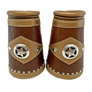 Coppia polsini vintage pelle borchie cowboy corda equitazione stella 6,5" estremità 2,5" - Foto 1 di 14
