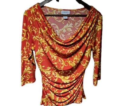 Carmen Marc Valvo, Cowl Neck, 3/4 Sleeve ,Top in Red/Yellow Floral Pattern, Sz M Foto 1 de 3