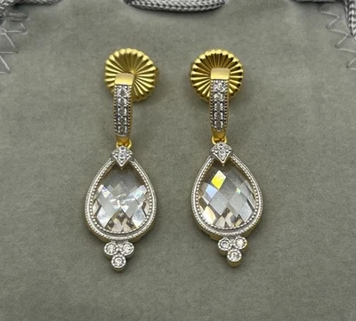 Brincos perfurados pendurados de prata esterlina Freida Rothman Gold Teardrop CZ NOVO - Imagem 1 de 4