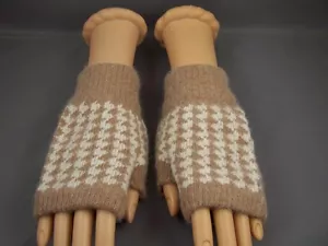 Light Brown cream wool angora arm warmers fingerless gloves texting open thumb - Picture 1 of 4