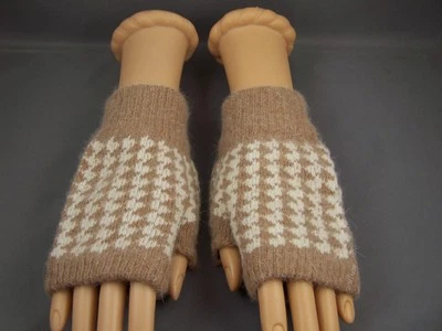 Light Brown cream wool angora arm warmers fingerless gloves texting open thumb - Image 1 of 4