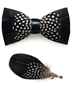 Mens Handmade Feather Pre-tied Bow tie and Brooch Sets black/white - Picture 1 of 6
