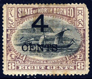 NORTH BORNEO 1899 4 cents surcharge on 8c. Black & Purple Perf 15 SG 114 MINT - Picture 1 of 2