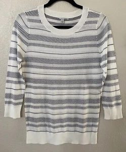 New HALOGEN Crewneck Sweater Three-quarter sleeves In White W/stripes Size S - Picture 1 of 10