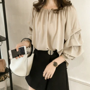 Lady Chiffon Shirt Off Shoulder Ruffle Pleated Flare Sleeve Blouse Top Frill New - Picture 1 of 15