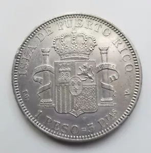 ALFONSO XIII 1 Peso 5 Pesetas 1895 PUERTO RICO EBC / XF - Foto 1 di 2