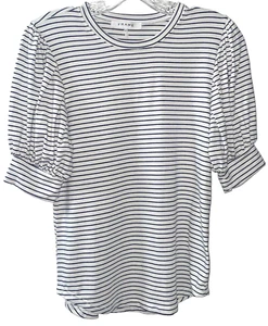 FRAME Women’s White W/Navy Stripes Ruffled Short Sleeve Top Size S/P - Picture 1 of 6