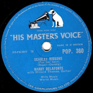 CLASSIC HARRY BELAFONTE 78 SCARLET RIBBONS / HOLD 'EM JOE UK HMV POP 360 EX - Picture 1 of 1