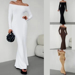 Womens Off Shoulder Maxi Dress Solid Color Bodycon Long Sleeve Dress for Party - Picture 1 of 24