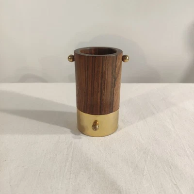 Porta Penne Da Scrivania In Teak E Metallo Dorato Anni 50 - Immagine 1 di 4