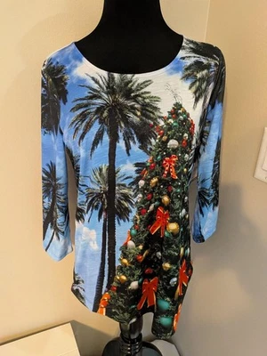 Новый с Ярлыками Coral Bay Sz. S Xmas дерево/пальма дерево печати 3/4 рукава Топ (блестящий спереди) - Изображение 1 из 4