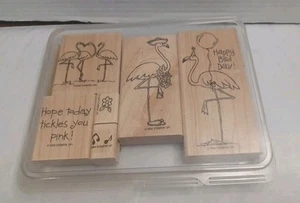 2002 Stampin Up TICKLED PINK Holzstempel 6er Set Flamingo Bday - Bild 1 von 9