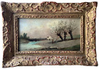 19th Century  Barbizon Lively Landscape Near the River Oil Wood Painting Signed