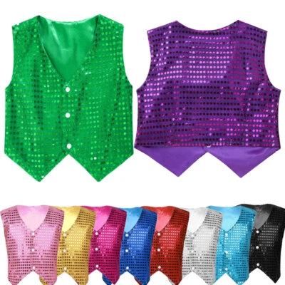 Unisex Boy Girls Sequined Vest Jacket Top Dance Jazz Choir Waistcoat Dancewear - Image 1 of 4