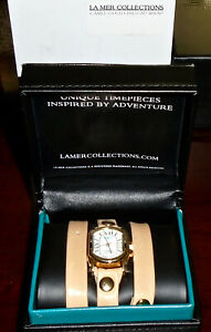 NIB LA MER COLLECTION CHATEAU TRIPLE WRAP WATCH CAMEL BAND 14K GOLD-PLATED CASE