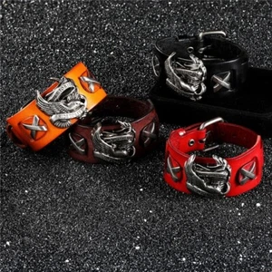 Genuine Leather Ride to live Biker Eagle Bracelets Men Gothic Rock Wide Cuff Wri - Picture 1 of 13