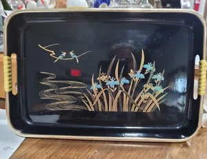 1 Vintage Japanese Black Lacquer Trays 1 Piece Serving Sets Gold/Blue Japan/Toyo - Picture 1 of 6