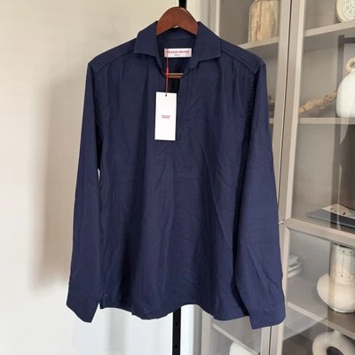 Camisa Pullover Orlebar Marrón Ridley Textura Azul Marino Manga Larga Cuello en V L NUEVA Foto 1 de 4