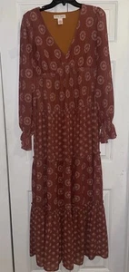 Flying Tomato Size Large Autumn Brown Maxi Tier Dress V Neck - Picture 1 of 14