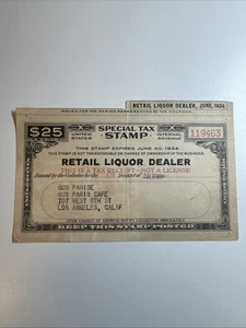 Special Tax Stamp - Retail Liquor Dealer - FYE 1934 - US Revenue - Picture 1 of 2