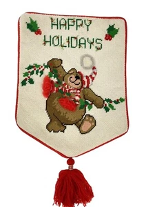 Handmade JCA  Needlepoint WINSOME BEAR Happy Holiday Christmas Banner 12 x 9 - Picture 1 of 8