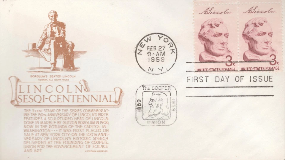 1959 FDC - Scott# 1114 - Lincoln Bust - CS Anderson Cachet  UA - Image 1 of 1