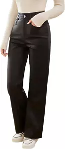 Women'S High Waist Leather Leggings Pocket Straight Wide Leg PU Pants - Picture 1 of 5