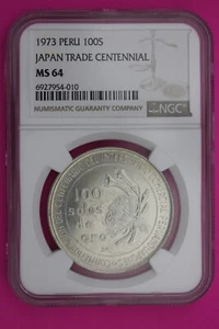 1973 MS 64 Peru 100 Soles Japan Trade Centennial Silver Coin NGC Certified 215 - Picture 1 of 3