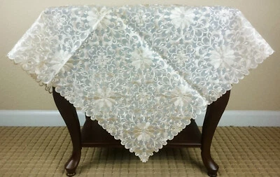 Beige 33x33" Square Floral Daisy Embroidery Organza Tablecloth Wedding Bridal - Image 1 of 4