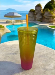 Starbucks Cold Cup Tumbler Venti 24 oz Summer 2022 Lemon Yellow & Pink Gradient - Picture 1 of 6