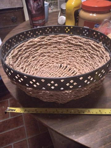 Fancy 10" Woven Bowl w Pretty Metal Diamond Cut Rim Table or Picnic Basket Cover