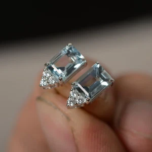 Orecchini In Gemma Acquamarina Naturale In Argento Sterling 925 Per Donne - Foto 1 di 3