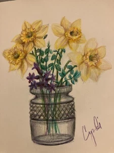 Original Color Lápiz Dibujo Flores Narciso en Jarrón 9 x 12 - Imagen 1 de 3