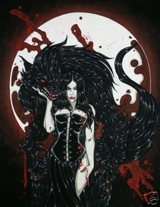 Gothic female vampire w/werewolf comic FANTASY ART  - Picture 1 of 1