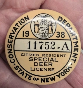 Vintage 1938 New York Special Deer License / Numbered Pinback Badge - Picture 1 of 2