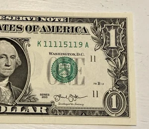Fancy Uncirculated $1 Trinary K 11115119 A Series 2013 - Picture 1 of 3