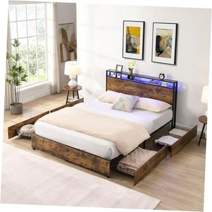 Size Metal Bed Frame with 4 Storage Drawers, LED Headboard, Queen Black - Picture 1 of 8