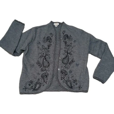 Cárdigan Suéter Talbots Mujer’s M Gris Lana Merino Cuentas Bordado Floral Foto 1 de 4