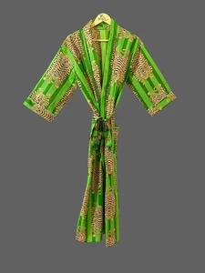 Indian Handmade Cotton Kimono Robe Green Tiger Printed Women Cover Nightwear - Picture 1 of 3