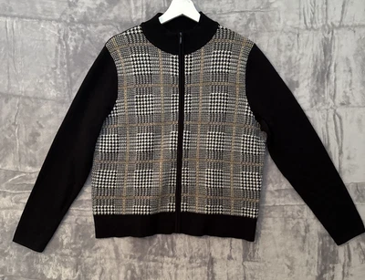 Pendelton 毛衣女式 L 码黑色格子 100% 美利奴羊毛全拉链优雅 — 第 1/4 张图片