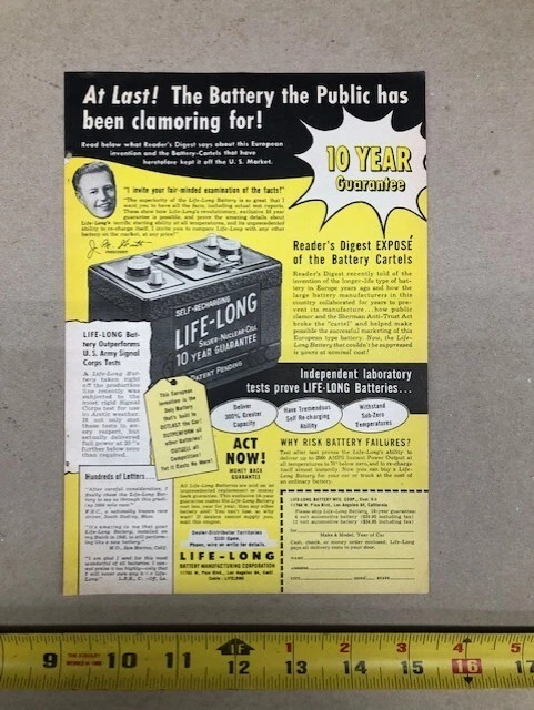 Batería de coche/camión 1954 de por vida--anuncio original vintage '54 de estado privado automático Foto 1 de 1