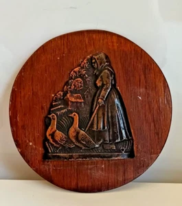 Vintage Copper Art Painting Women Duck Decorate Wooden 6" Primitive Wall Hanging - Picture 1 of 5