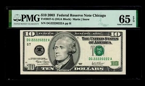 Special Serial number (DG22220222A) 2003 $10 Federal Reserve Note PMG GEM 65 EP - Picture 1 of 2