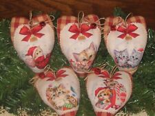 Christmas Decor  5 Rustic Red Check Hearts Tree Ornaments Cat Kitten Fabric