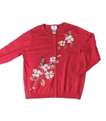1X Quacker Factory  Coral Butterfly Floral Embellished Zip Cardigan Sweater - Image 1 of 4